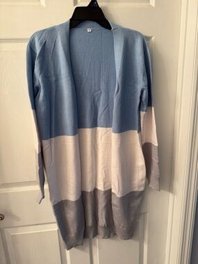Colorblock Open-Front Long Cardigan Sweater - Blue/White/Gray